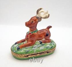 New French Limoges Trinket Box Amazing Christmas Reindeer with Holly