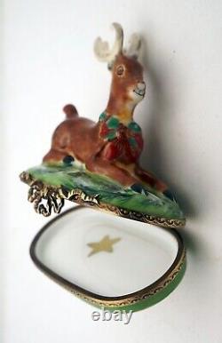 New French Limoges Trinket Box Amazing Christmas Reindeer with Holly