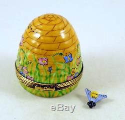 New French Limoges Trinket Box Amazing Colorful Beehive W Flowers & Remov. Bee
