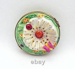 New French Limoges Trinket Box Amazing Colorful Daisy with Lady Bugs & Butterfly