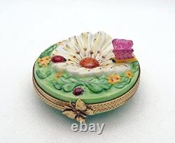 New French Limoges Trinket Box Amazing Colorful Daisy with Lady Bugs & Butterfly