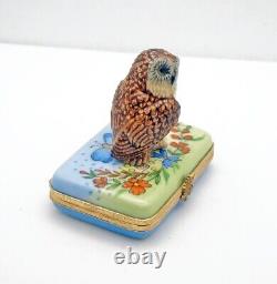 New French Limoges Trinket Box Amazing Detailed Owl Bird in Beautiful Garden