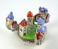 New French Limoges Trinket Box Amazing Medieval Village W Castles 4 Hinges Keys