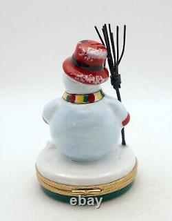 New French Limoges Trinket Box Amazing Snowman in Scarf Red Hat and Broom