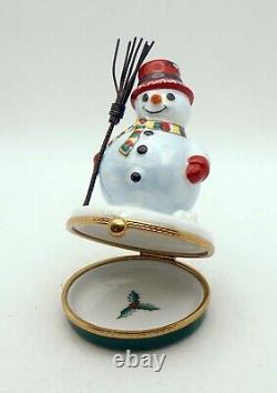 New French Limoges Trinket Box Amazing Snowman in Scarf Red Hat and Broom