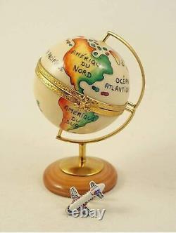 New French Limoges Trinket Box Amazing World Globe with Removable Airplane
