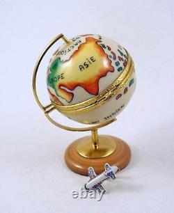 New French Limoges Trinket Box Amazing World Globe with Removable Airplane