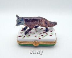 New French Limoges Trinket Box Beautiful Fox Animal in Poppy Field