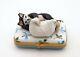 New French Limoges Trinket Box Black Cat Playing W Purse Bag On Lucky Clover Box