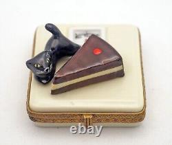 New French Limoges Trinket Box Black Cat on Scale w Chocolate Cherry Cake Slice