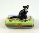 New French Limoges Trinket Box Black Tuxedo Kitty Cat Kitten In Colorful Garden