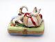 New French Limoges Trinket Box Calico Cat Playing W Purse Bag In Colorful Garden