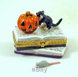 New French Limoges Trinket Box Cat Jack' O' Lantern Pumpkin On Halloween Books