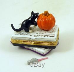New French Limoges Trinket Box Cat Jack' O' Lantern Pumpkin On Halloween Books
