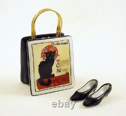 New French Limoges Trinket Box Chat Noir Black Cat Bag Purse Remov. Pumps Shoes