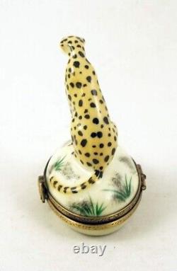 New French Limoges Trinket Box Cheetah Animal Big Cat in African Savannah