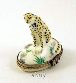 New French Limoges Trinket Box Cheetah Animal Big Cat in African Savannah