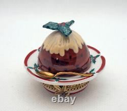 New French Limoges Trinket Box Christmas Chocolate Pudding with Holly on Plate