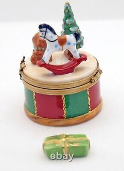 New French Limoges Trinket Box Colorful Christmas Drum w Toys Xmas Tree and Gift