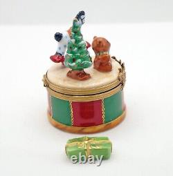 New French Limoges Trinket Box Colorful Christmas Drum w Toys Xmas Tree and Gift