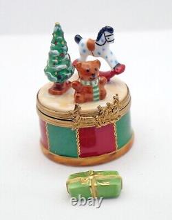 New French Limoges Trinket Box Colorful Christmas Drum w Toys Xmas Tree and Gift