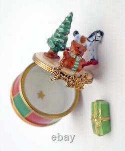 New French Limoges Trinket Box Colorful Christmas Drum w Toys Xmas Tree and Gift