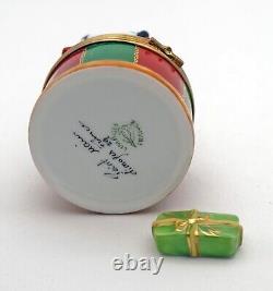 New French Limoges Trinket Box Colorful Christmas Drum w Toys Xmas Tree and Gift