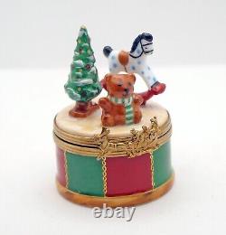 New French Limoges Trinket Box Colorful Christmas Drum w Toys Xmas Tree and Gift