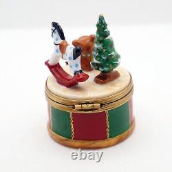 New French Limoges Trinket Box Colorful Christmas Drum w Toys Xmas Tree and Gift