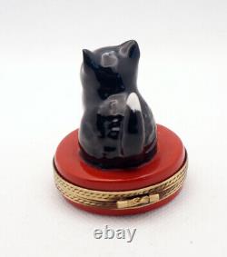 New French Limoges Trinket Box Cute Black Tuxedo Kitty Cat Kitten on Red Box