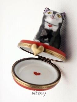 New French Limoges Trinket Box Cute Black Tuxedo Kitty Cat Kitten on Red Box