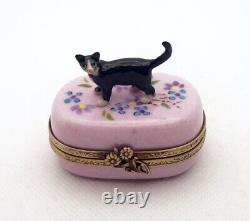 New French Limoges Trinket Box Cute Black Tuxedo Kitty Cat on Pink Floral Box