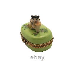 New French Limoges Trinket Box Cute Cat Playing w Shoe Clog on Green Floral Box