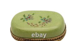 New French Limoges Trinket Box Cute Cat Playing w Shoe Clog on Green Floral Box