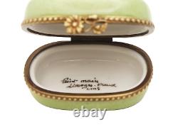 New French Limoges Trinket Box Cute Cat Playing w Shoe Clog on Green Floral Box