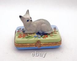 New French Limoges Trinket Box Cute Gray Kitty Cat Kitten in Colorful Garden