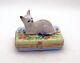New French Limoges Trinket Box Cute Gray Kitty Cat Kitten In Colorful Garden