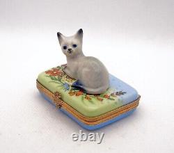 New French Limoges Trinket Box Cute Gray Kitty Cat Kitten in Colorful Garden