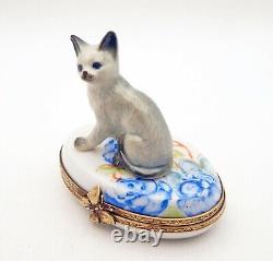 New French Limoges Trinket Box Cute Gray Kitty Cat Kitten on Box w Blue Flowers