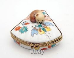 New French Limoges Trinket Box Cute Kitty Cat on Gorgeous Floral Dragonfly Fan