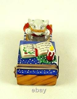 New French Limoges Trinket Box Cute Mouse at Match Box Desk with Christmas Book