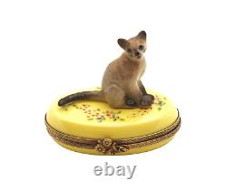 New French Limoges Trinket Box Cute Siamese Kitty Cat on Yellow Floral Box