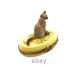 New French Limoges Trinket Box Cute Siamese Kitty Cat on Yellow Floral Box