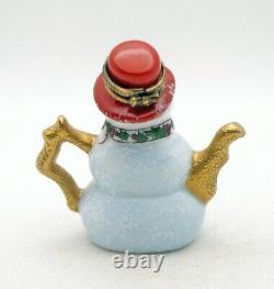 New French Limoges Trinket Box Cute Snowman Tea Pot with Scarf in Red Hat