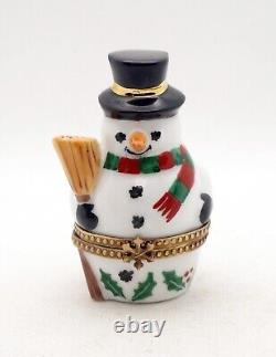 New French Limoges Trinket Box Cute Snowman with Broom in Hat and Scarf