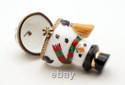 New French Limoges Trinket Box Cute Snowman with Broom in Hat and Scarf