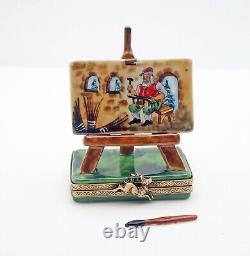 New French Limoges Trinket Box Easel w Santa's Workshop Painting & Paint Brush