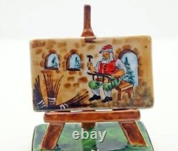 New French Limoges Trinket Box Easel w Santa's Workshop Painting & Paint Brush