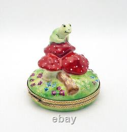 New French Limoges Trinket Box Frog on Mushrooms & Colorful Summer Flowers