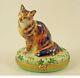 New French Limoges Trinket Box Gorgeous Brown Kitty Cat On Green Box W Flowers